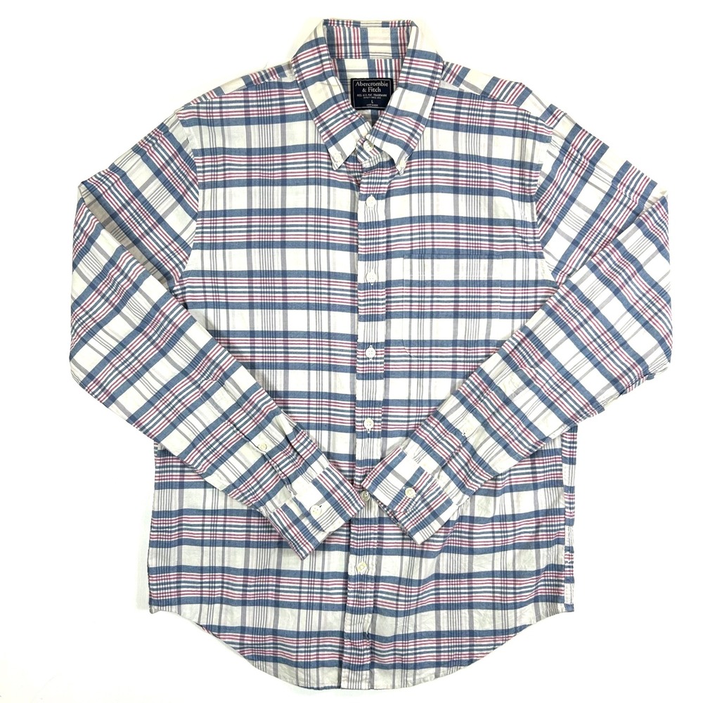 Abercrombie & Fitch Mens Large‎ Blue White Red Plaid Cotton Button Down Shirt